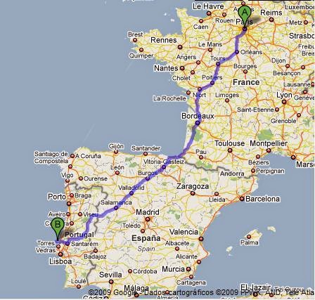 Mapa mostrando trajeto entre Lisboa e Paris Mapa mostrando trajeto entre Lisboa e Paris