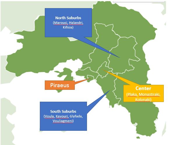 Mapa das regiões de Atenas Mapa das regiões de Atenas